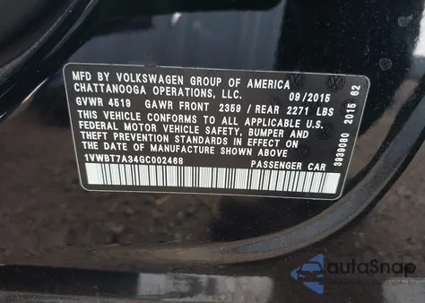 2016 Volkswagen Passat 1.8T Se из США, поврежденный, VIN 1VWBT7A34GC002468